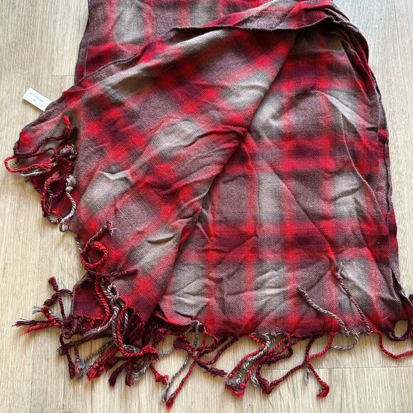 Palladium Red & Gray Plaid Fringe Scarf Grunge - Picture 2 of 5